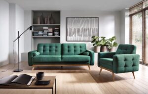 Skandynawska sofa i fotel Nova w kolorze butelkowej zieleni, na wysokich nóżkach na środku salonu.